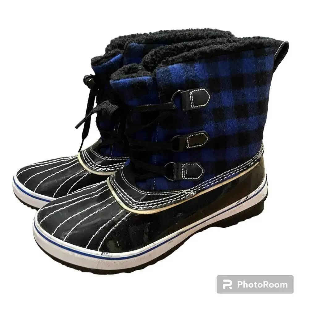 Skechers Women's Blue Black Buffalo Plaid Insulated Lined Winter Duck Boots Sz 9